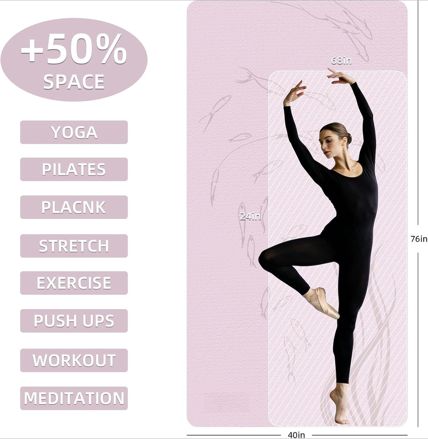 Wide 10mm TPE Non‑Slip Yoga Mat 76"x40"