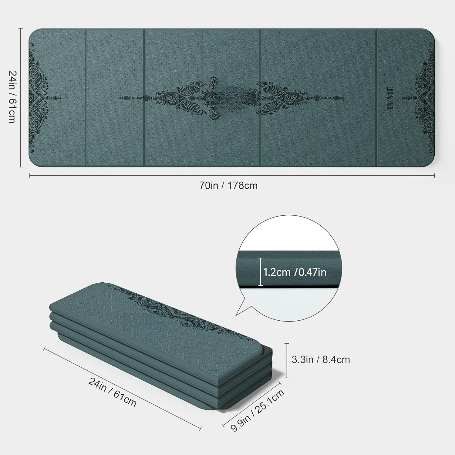 12mm Foldable TPE Non‑Slip Yoga Mat 70"x24"